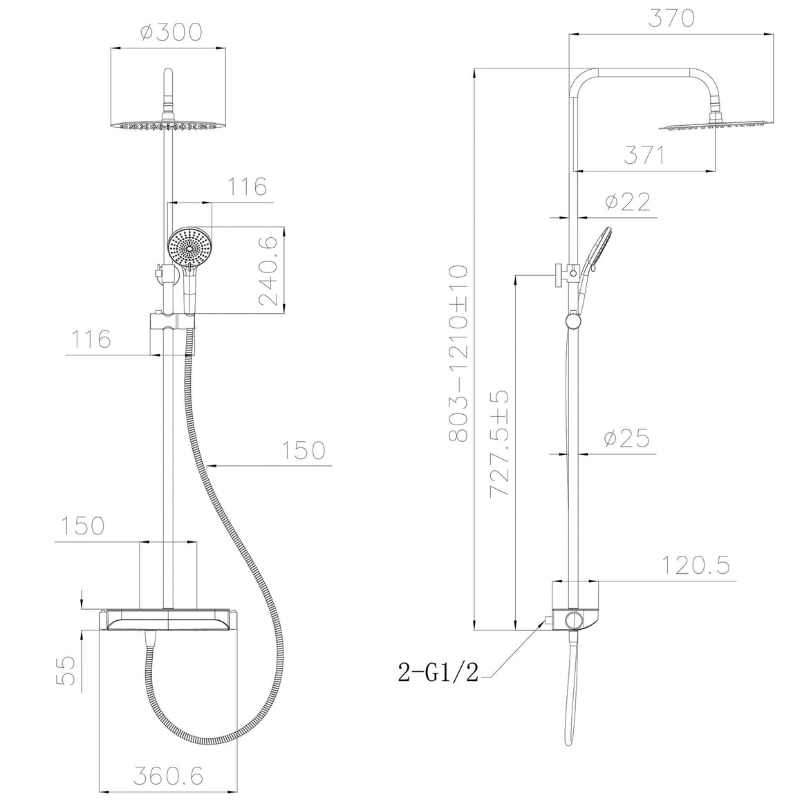 Wiesbaden Douchekraan Tondell Chroom - technische tekening