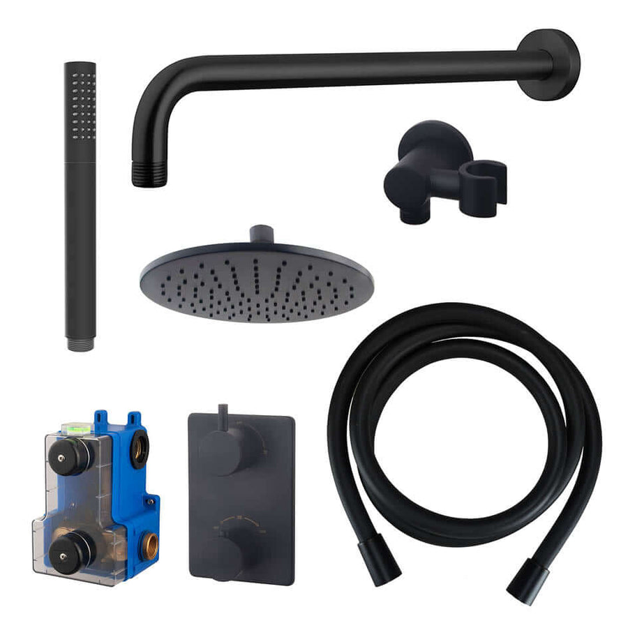 Caral Einbau-Thermostat komplett mit Kopfbrause 25 cm und Stabhandbrause matt schwarz