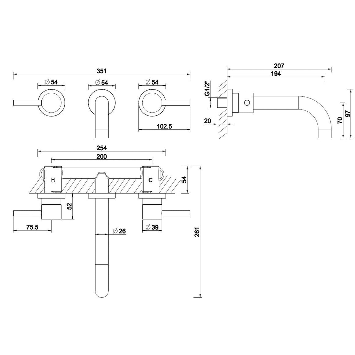 Wiesbaden Caral afbouwdeel 2-knops geborsteld staal - technische tekening