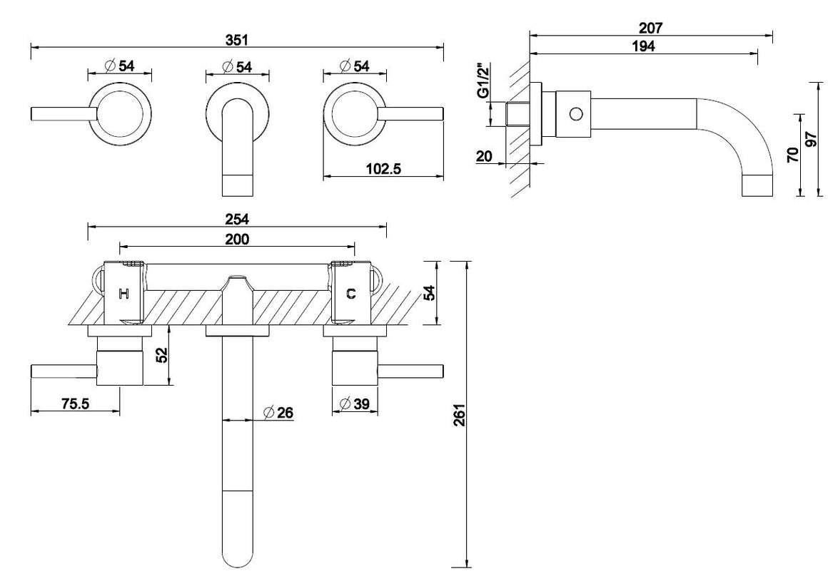 Wiesbaden Caral afbouwdeel 2-knops geborsteld staal - technische tekening