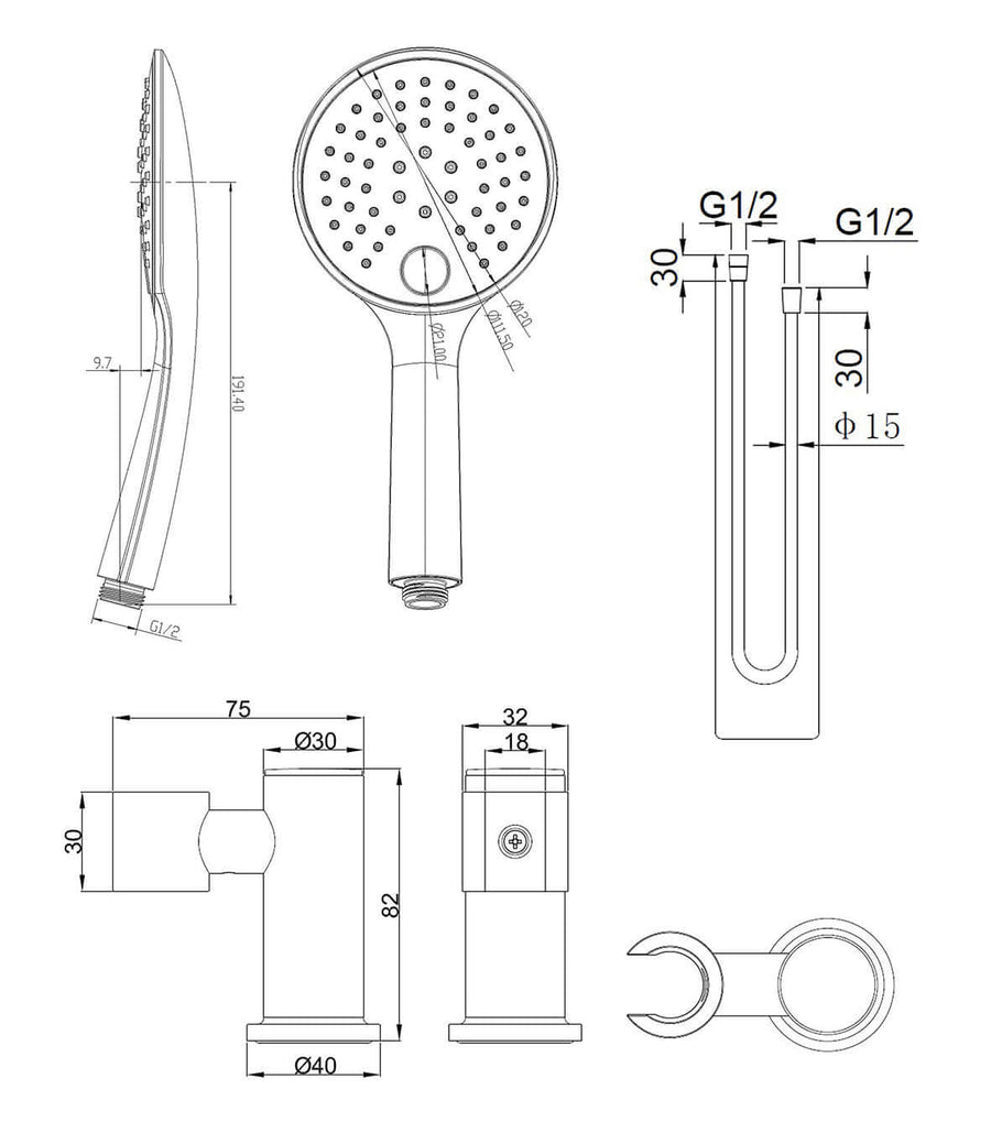 UniMatch handdoucheset met handdouche 3 standen Ø 12 cm, doucheslang en wandhouder kantelbaar geborsteld messing
