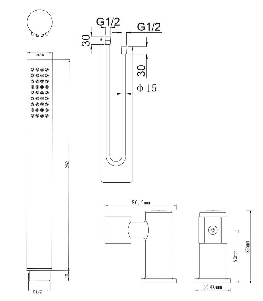 Ensemble de douche à main UniMatch avec douchette à main à 1 position, flexible de douche et support mural inclinable gunmetal