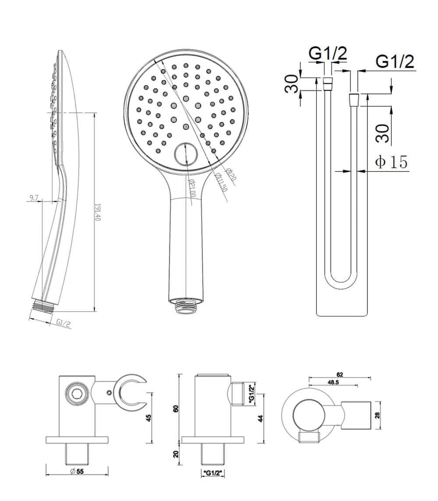 UniMatch handdoucheset met handdouche 3 standen Ø 12 cm, doucheslang en wandaansluitbocht mat zwart