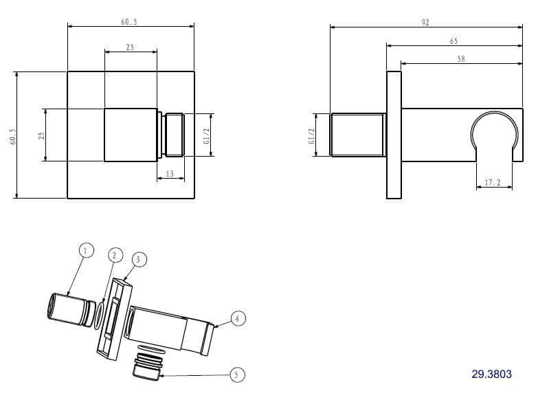 Coude de raccordement mural Rombo avec support de douchette carré 1/2" chrome