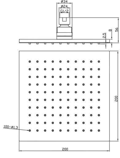 Rombo hoofddouche vierkant 200x8 mm chroom