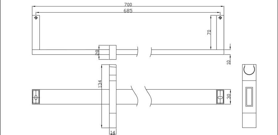 Glijstang vierkant 70 cm chroom