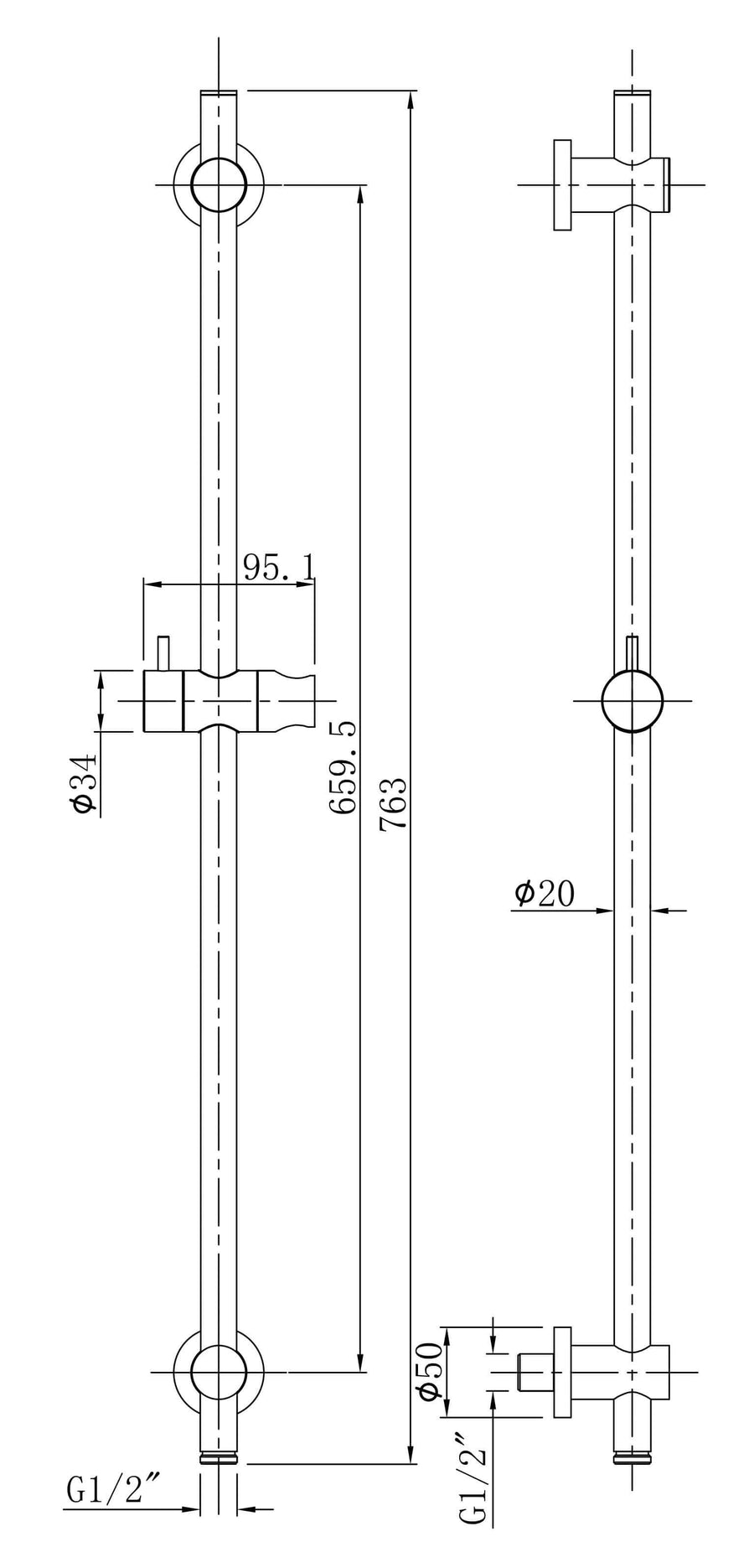UniMatch glijstang met wateraansluiting 76,5 cm mat zwart
