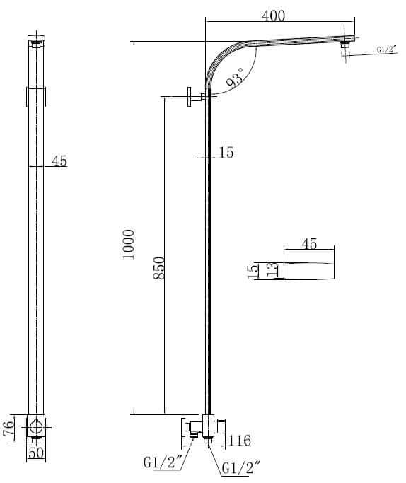 Douchestang met omstelknop 45x1000 mm chroom