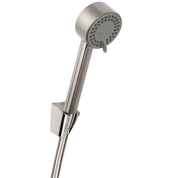 Ensemble de douche à main UniMatch Cadans avec douchette à main 3 positions Ø 8 cm, tuyau de douche et support mural inclinable en acier brossé