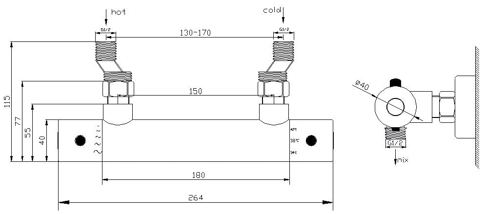 Xellanz Rio thermostatische douchemengkraan - technische tekening
