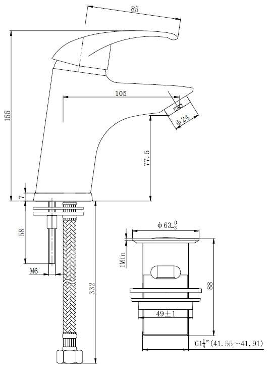 Technische tekening Xellanz Athos wastafelkraan 29.4001