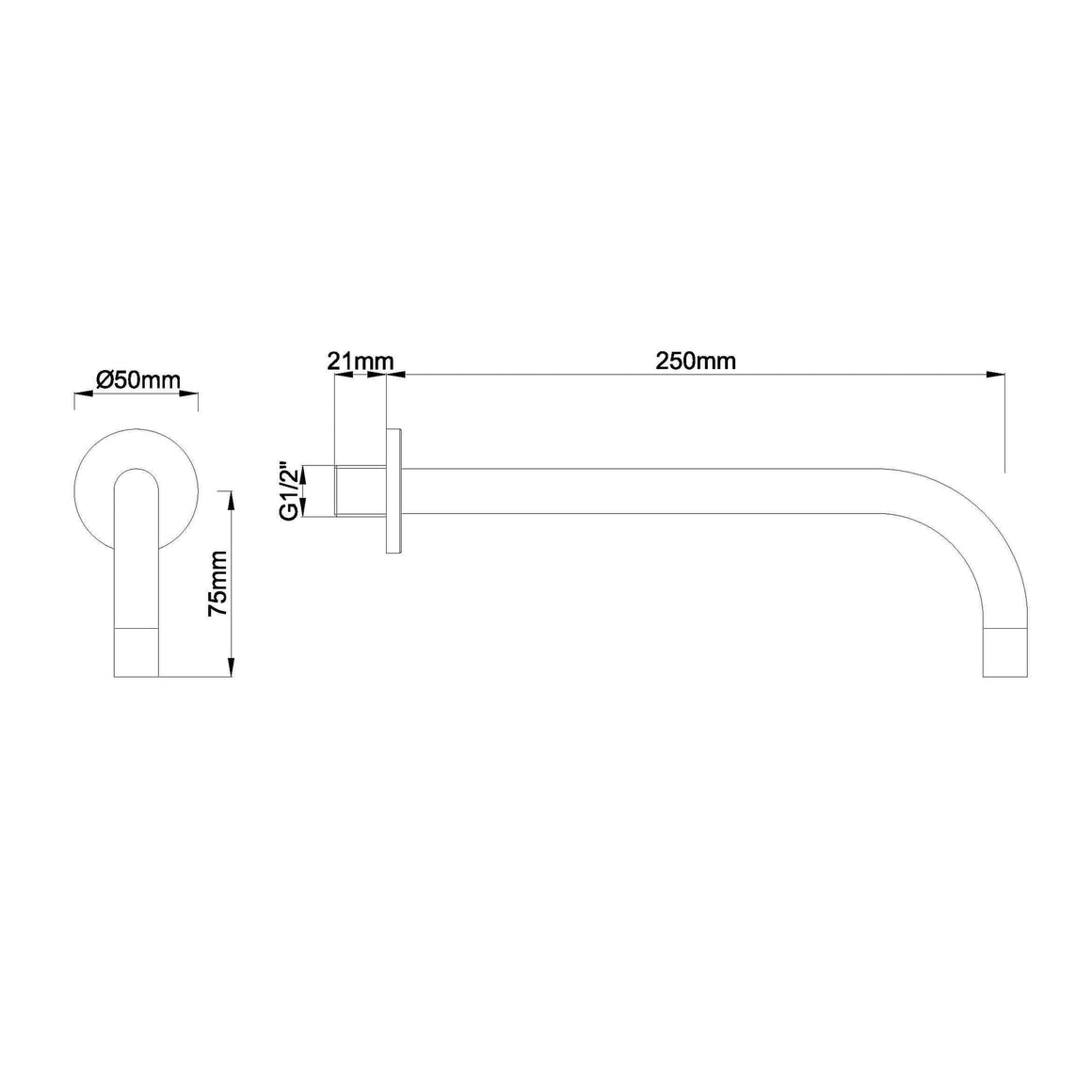 Slim 18mm uitloop rond 25cm 1/2" geborsteld staal PVD