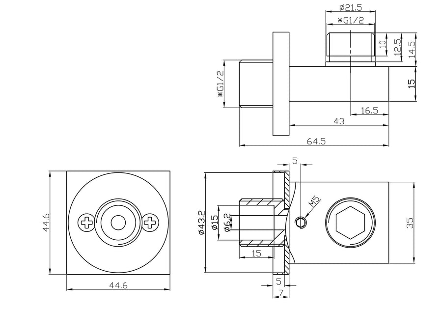 Rombo wandaansluitbocht vierkant 1/2" geborsteld staal PVD