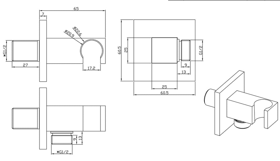Coude de raccordement mural Rombo avec support de douchette carré 1/2" acier brossé PVD
