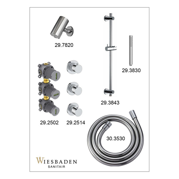 Wiesbaden Caral inbouw regendoucheset thermostatisch met 2 stopkranen, Beam hoofddouche en staafhanddouche