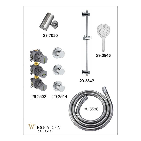 Wiesbaden Caral inbouw regendoucheset thermostatisch met 2 stopkranen, Beam hoofddouche en 3-standen handdouche