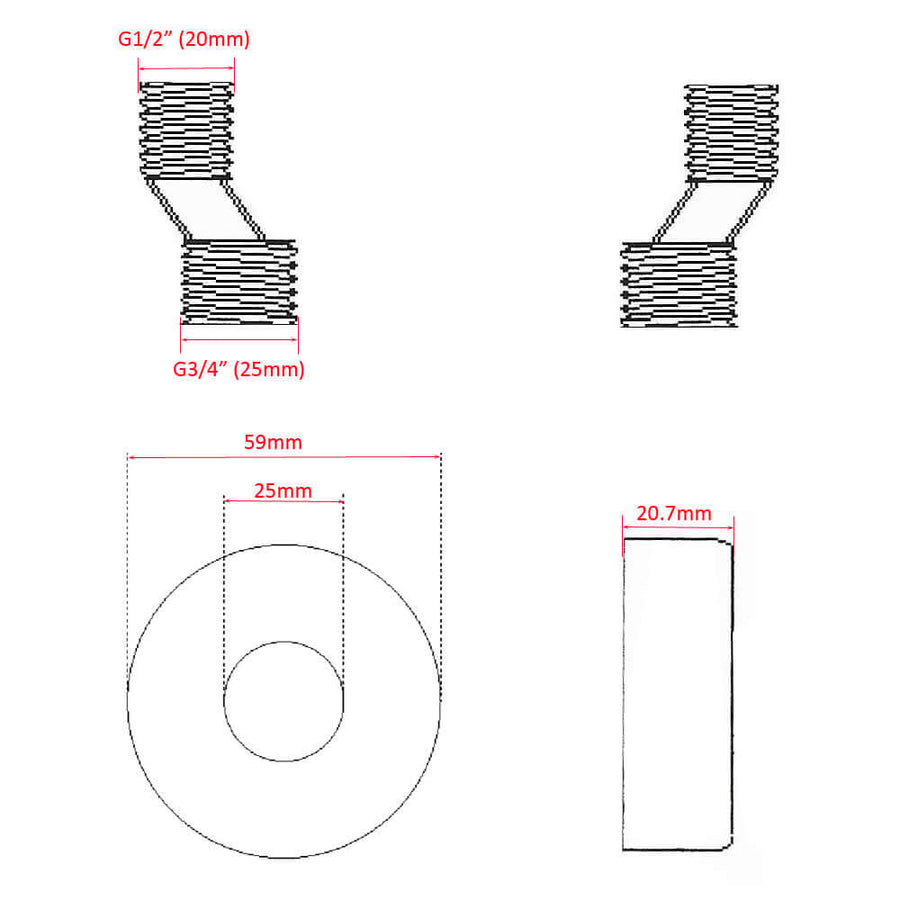 Rio set S-koppelingen met rozet voor 15cm 1/2''x3/4'' chroom