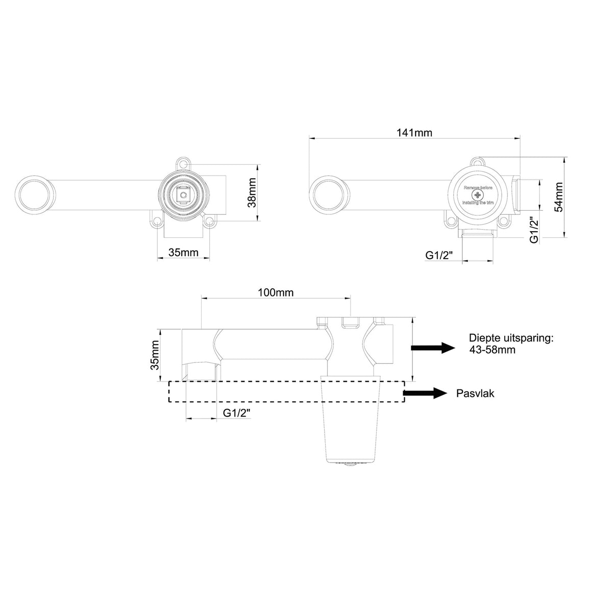 Wiesbaden Caral Slim inbouwdeel - technische tekening