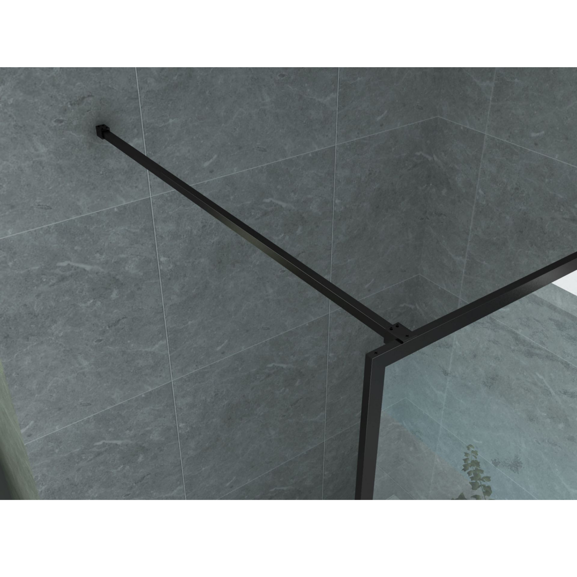 Aloni inloopdouchewand mat zwart detailfoto stabilisatiestang