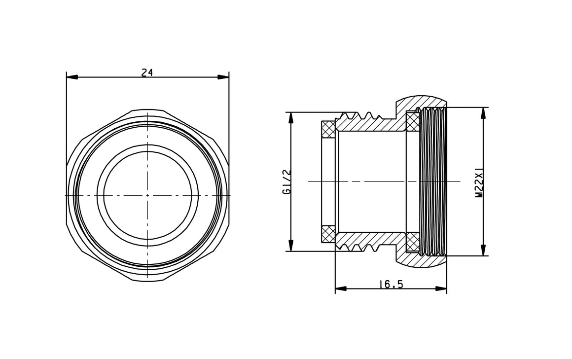 Maattekening verloopnippel M22 bi x 1/2 inch bu