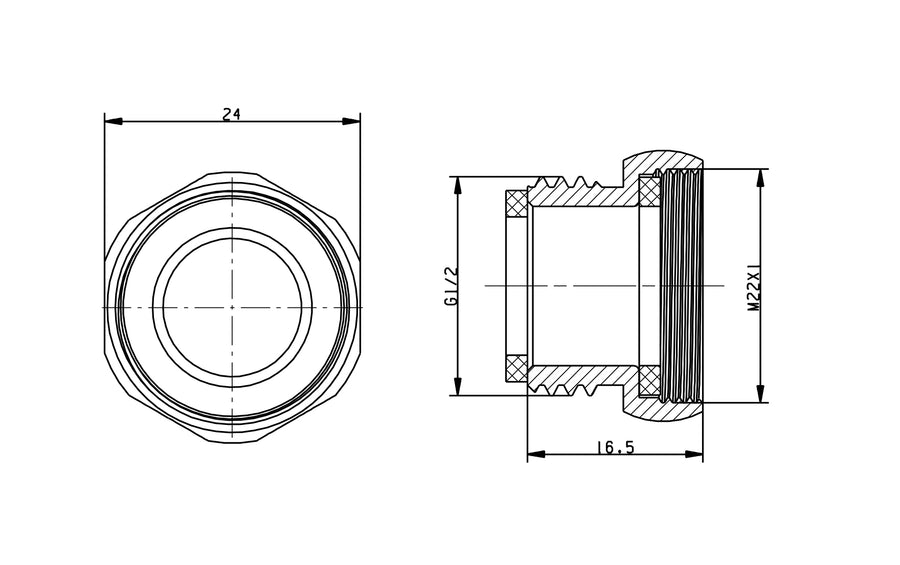 Maattekening verloopnippel M22 bi x 1/2 inch bu