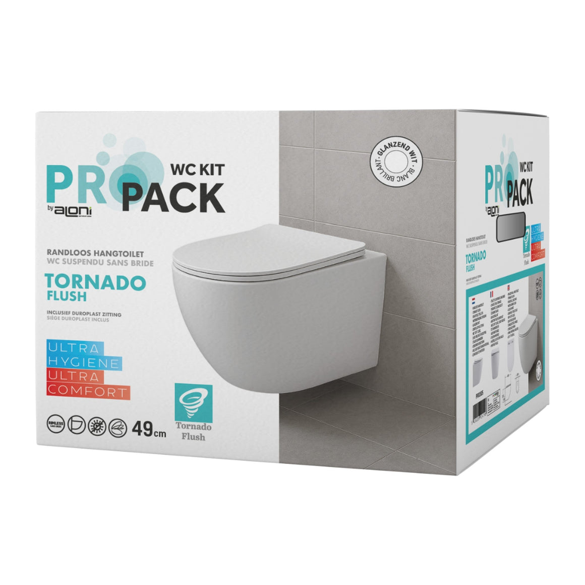Aloni Pro Hangtoilet Randloos Tornado Flush – Compact 49 cm – Met Softclose Zitting – Wand WC – glanzend wit #kleur_glanzend-wit