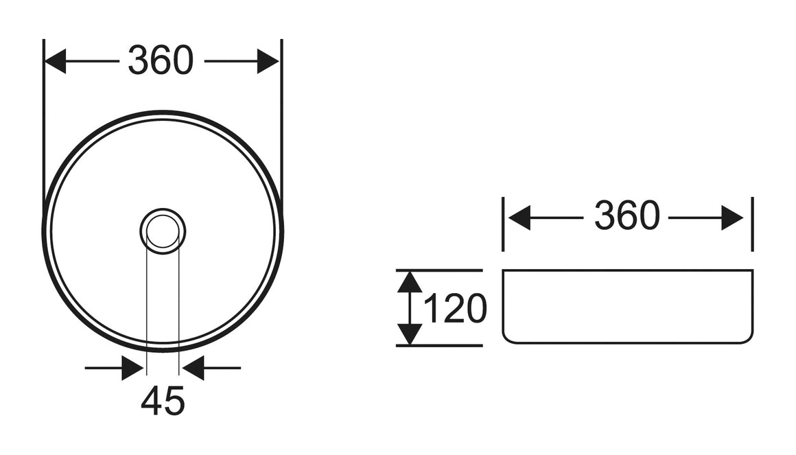 Wiesbaden Wiesbaden mondri waskom rond glans wit/geborsteld goud - technische tekening