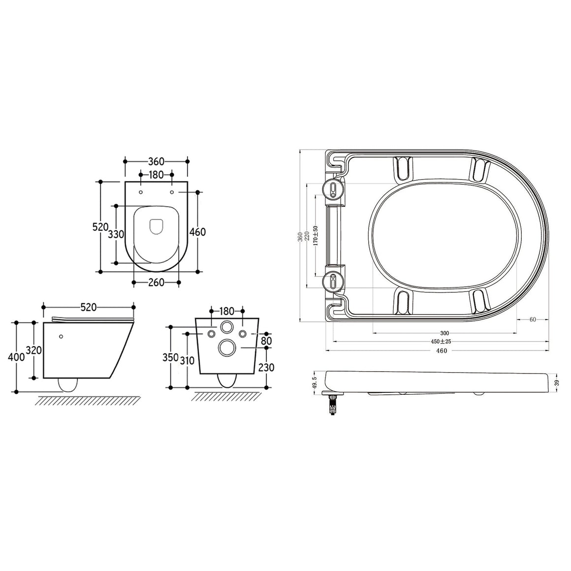 Wiesbaden Vesta wandcloset rimless met bidetkraan koud water met Vesta toiletzitting Glans wit - technische tekening