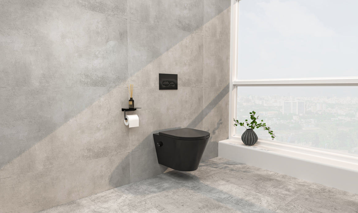 Wiesbaden Vesta wandcloset rimless met bidetkraan koud water en Shade toiletzitting Mat zwart - sfeerbeeld