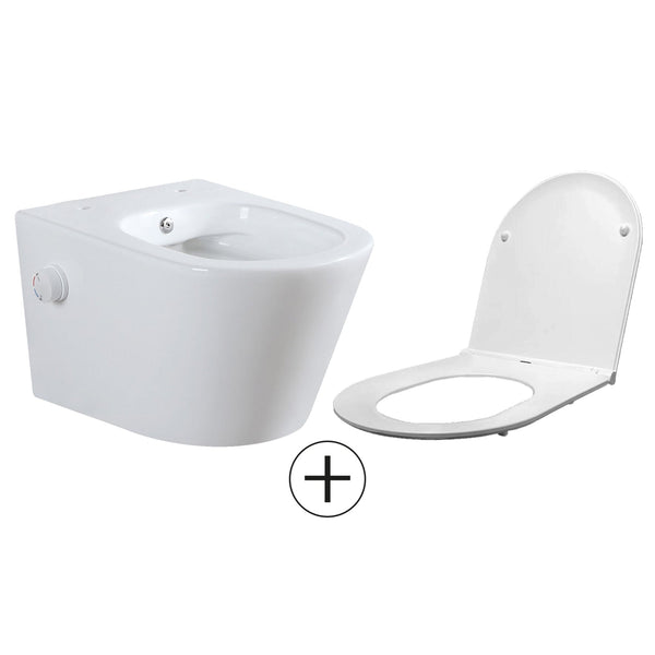 Wiesbaden Vesta wandcloset rimless met bidetkraan warm koud water met Flatline toiletzitting