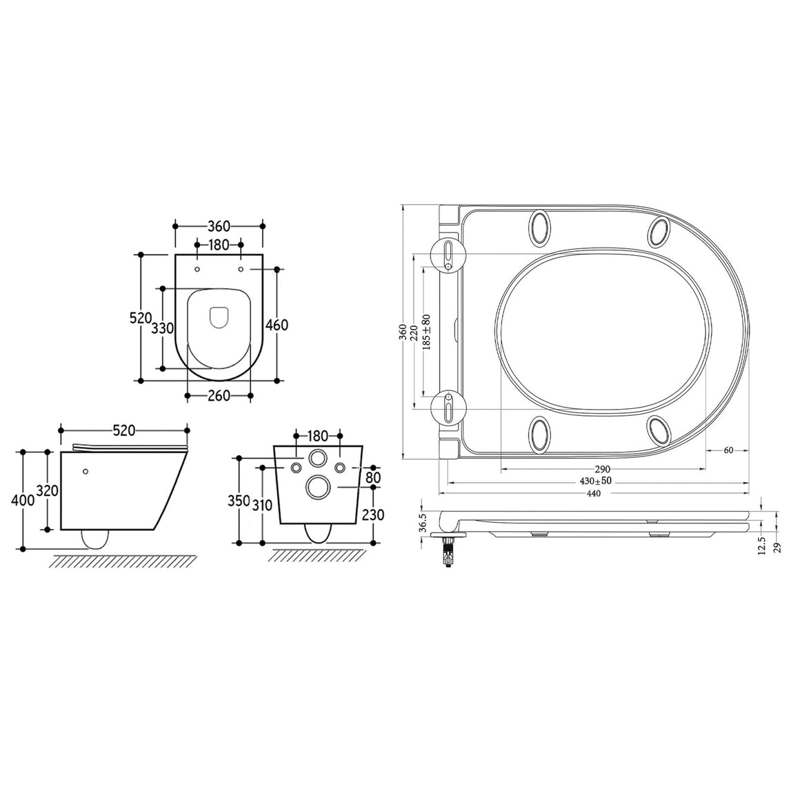 Wiesbaden Vesta wandcloset rimless met bidetkraan warm koud water met Flatline toiletzitting Glans wit - technische tekening