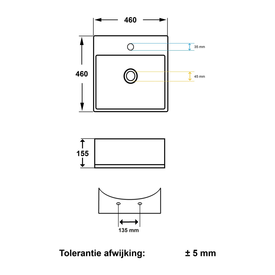 Wiesbaden Larx waskom vierkant 46 x 46 x 16,5 cm - technische tekening