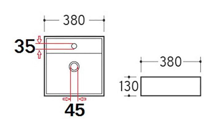 Wiesbaden Larx waskom vierkant 38,5 x 38,5 x 13 cm keramiek wit - technische tekening