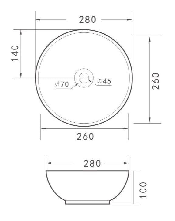 Wiesbaden Kimo waskom rond Mat zwart - technische tekening