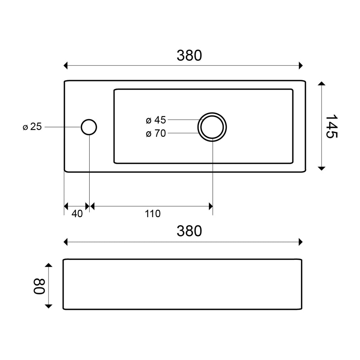 Wiesbaden Trim mini fontein keramiek Links - technische tekening