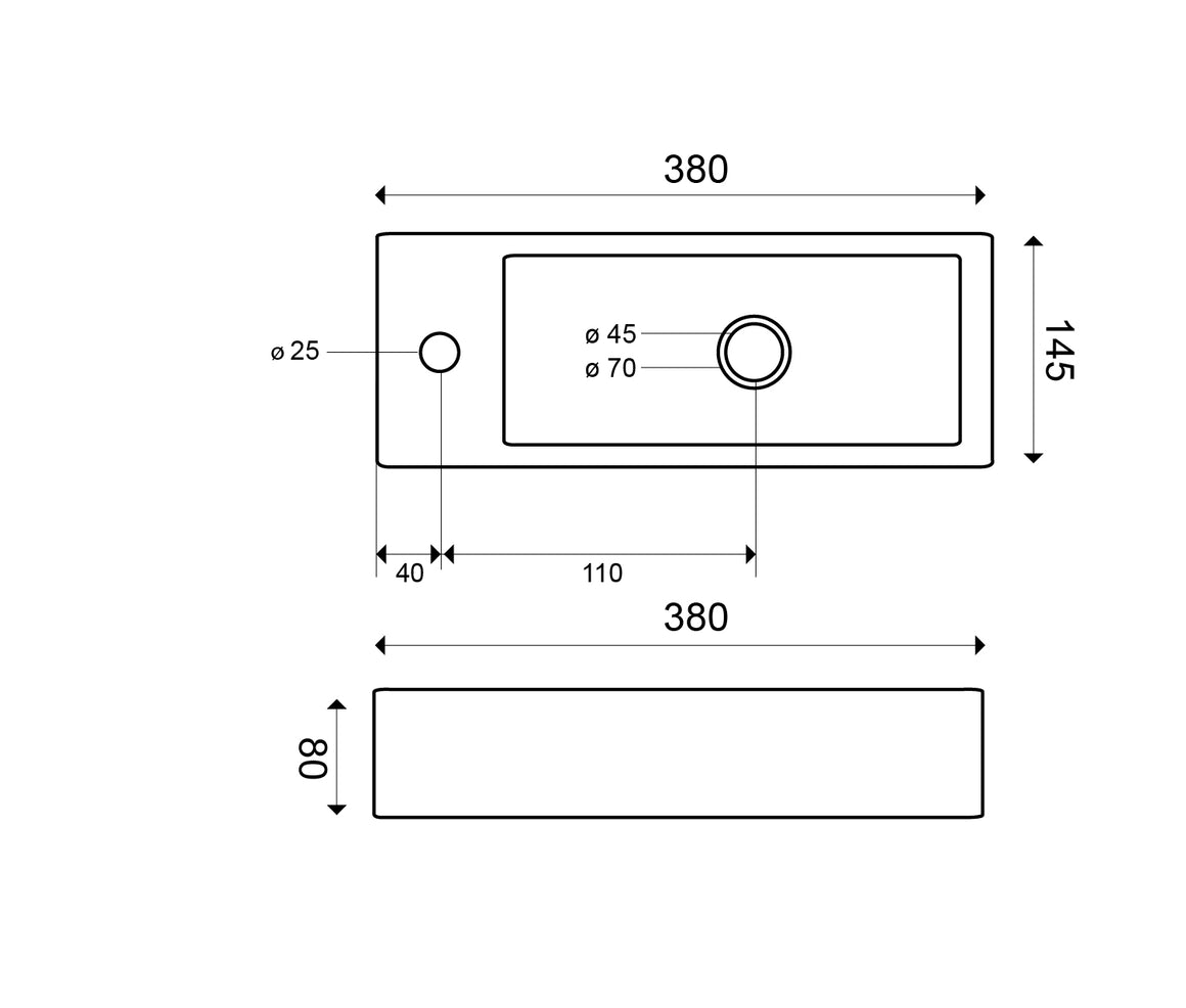 Wiesbaden Trim mini fontein keramiek Links - technische tekening