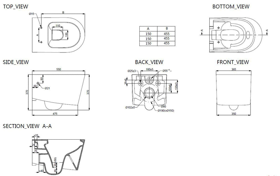 Xellanz Flow wandcloset rimless met toiletzitting wit - technische tekening