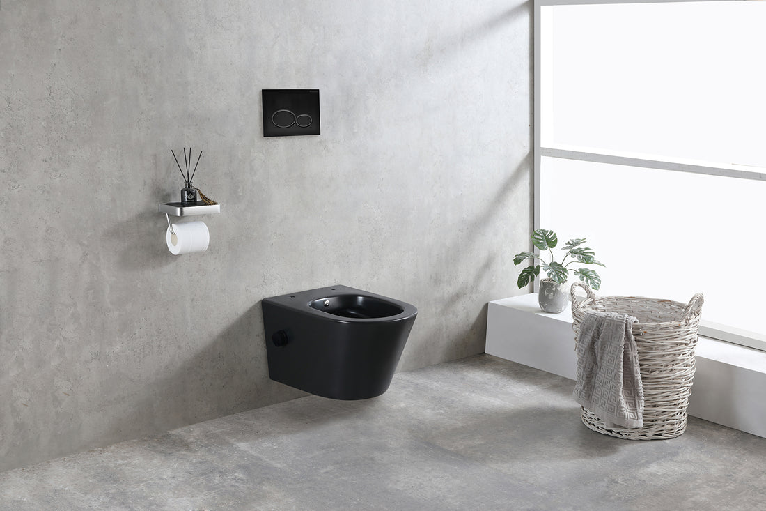 Wiesbaden Vesta wandcloset rimless met bidetkraan warm en koud water Mat zwart - sfeerbeeld