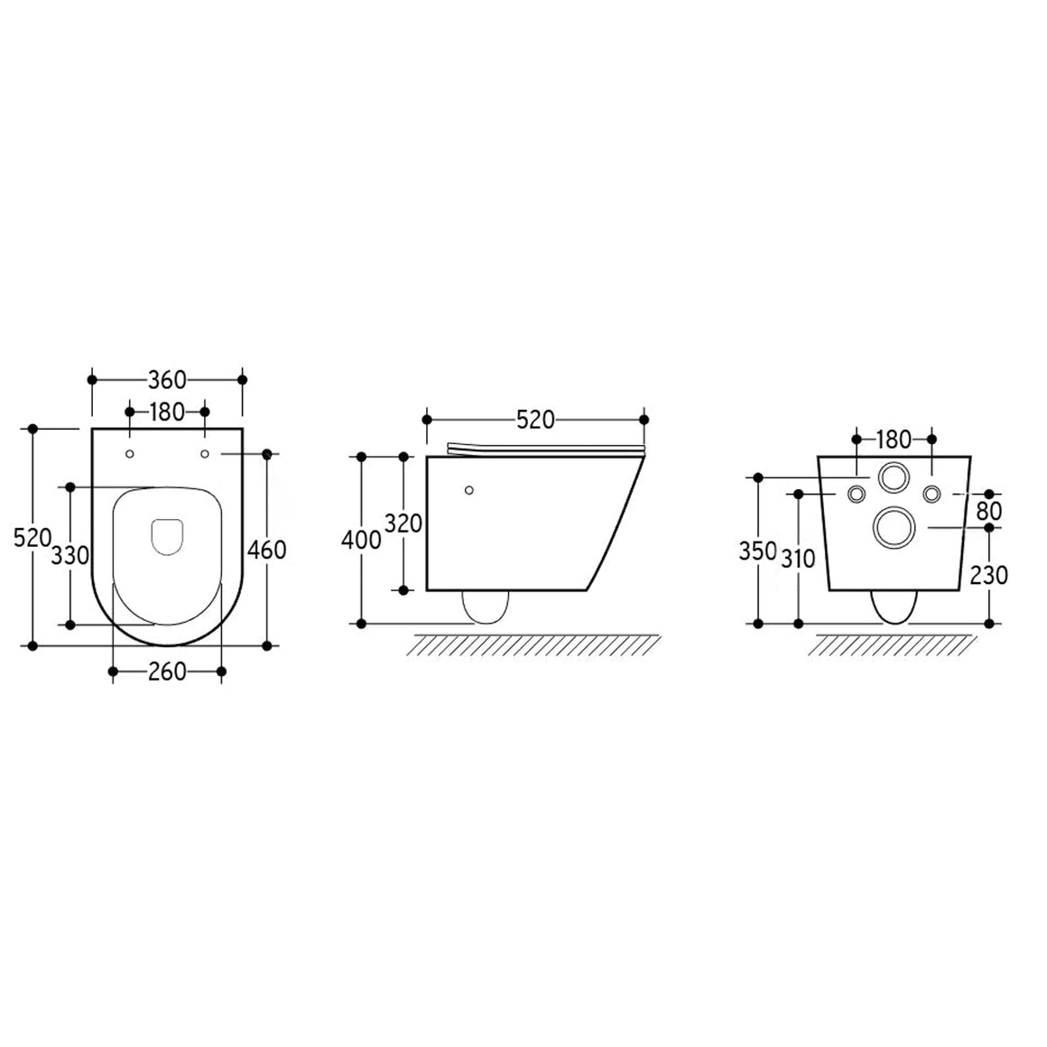 Wiesbaden Vesta wandcloset rimless met bidetkraan warm en koud water Mat zwart - technische tekening