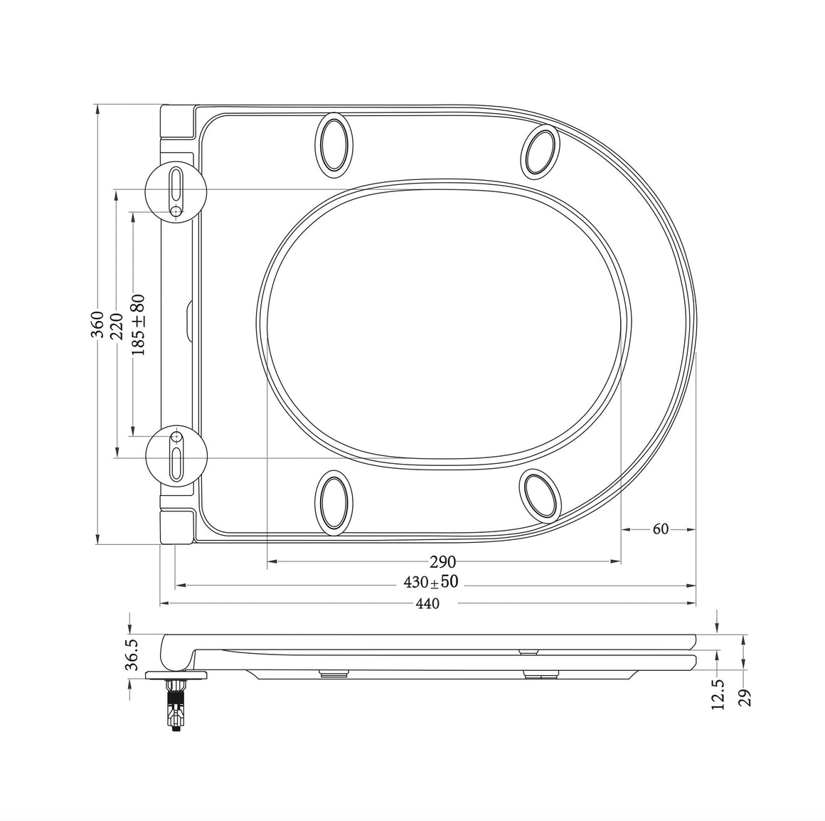 Wiesbaden Vesta wandcloset rimless met Flatline toiletzitting softclose en quick release Mat zwart - technische tekening