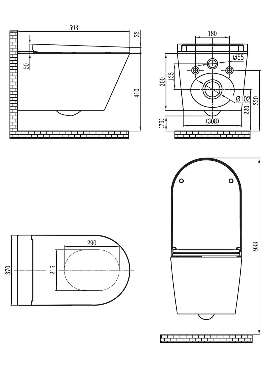 Xellanz Vesta eco douche wc rimless glans wit - technische tekening