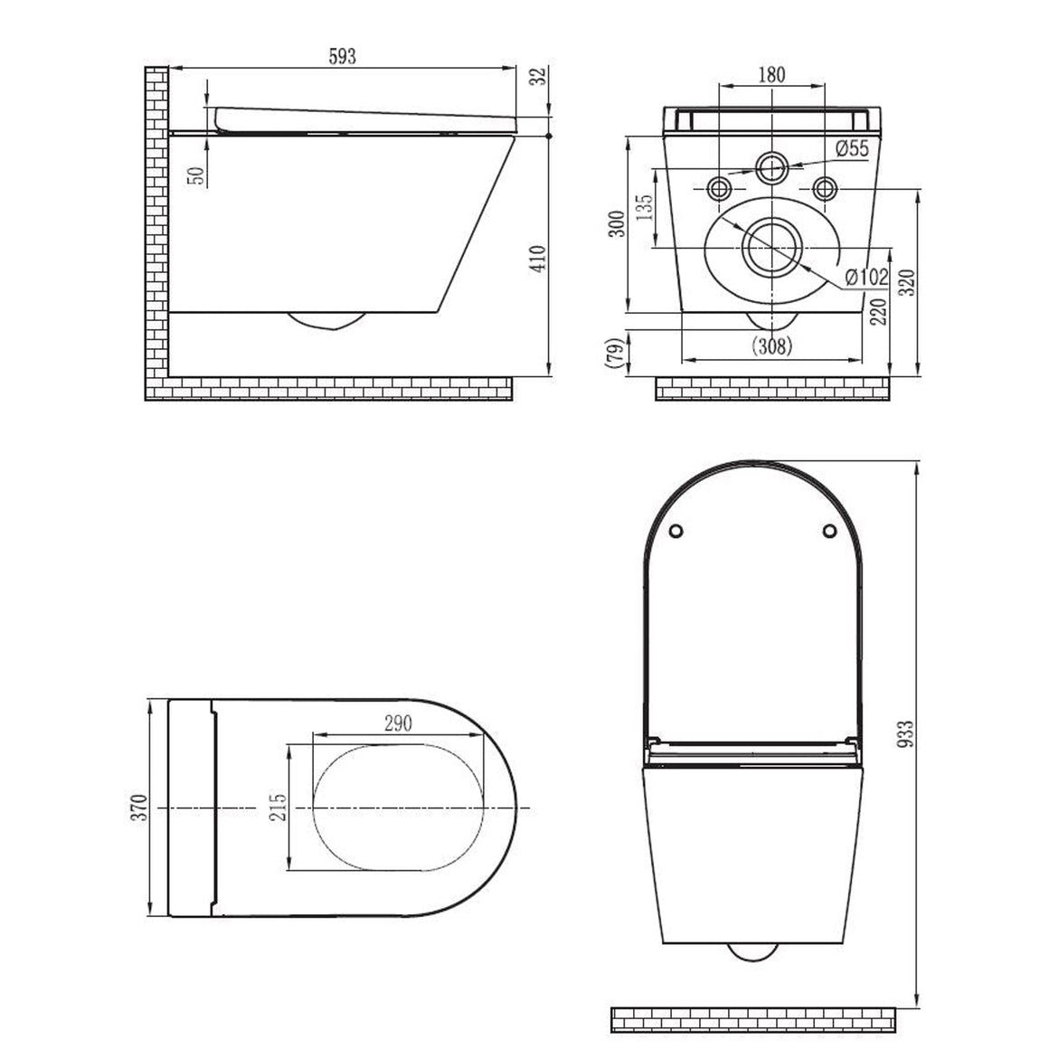 Wiesbaden Vesta douche-wc rimless glans wit - technische tekening