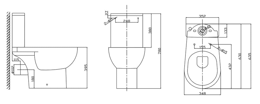 Xellanz Duoblok toilet staand rimless PK met toiletzitting glans wit - technische tekening
