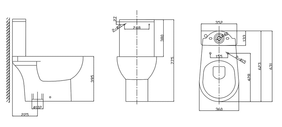 Xellanz Duoblok toilet staand rimless AO met toiletzitting glans wit - technische tekening