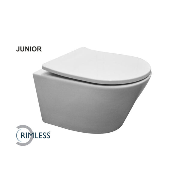 Wiesbaden Vesta Junior wandcloset rimless verkort met Shade slim toiletzitting softclose en quick release glans wit