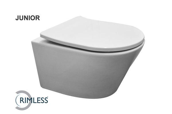 Wiesbaden Vesta Junior wandcloset rimless verkort met Shade slim toiletzitting softclose en quick release glans wit
