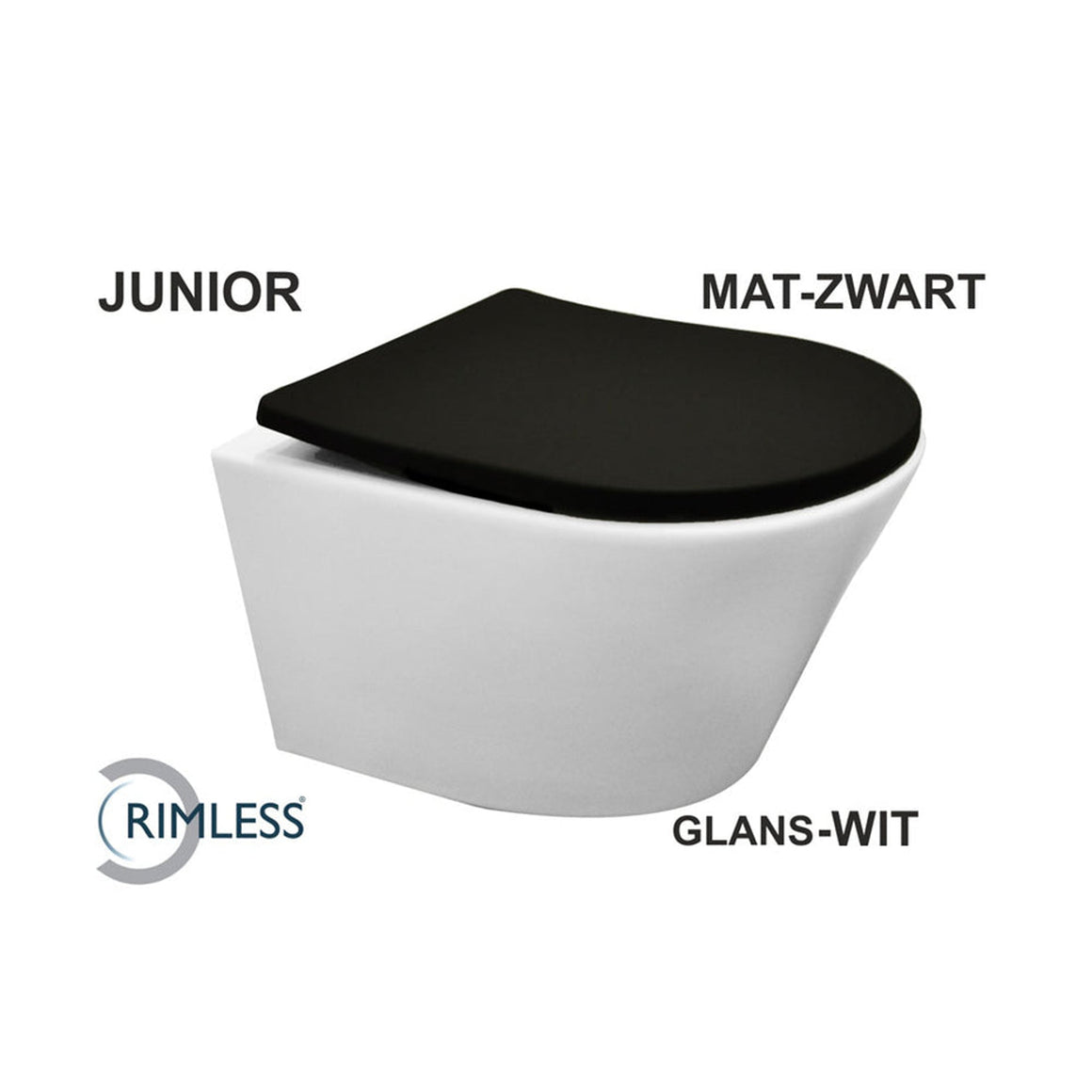 Wiesbaden Vesta Junior wandcloset rimless verkort glans wit Shade slim toiletzitting softclose en quick release mat zwart - productfoto