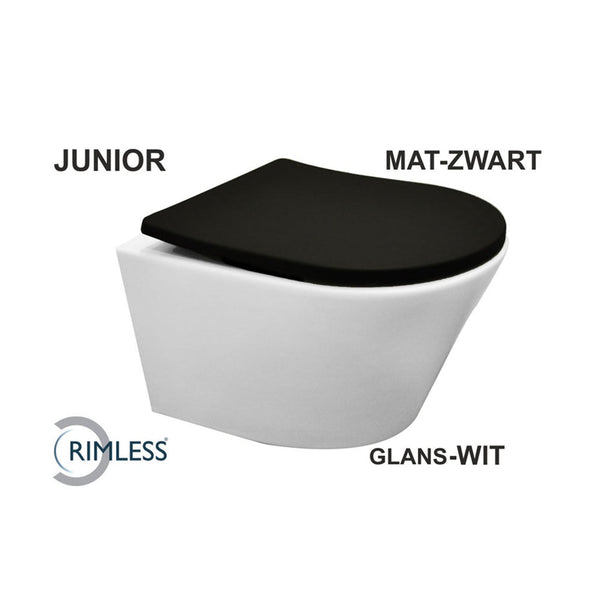Wiesbaden Vesta Junior wandcloset rimless verkort glans wit Shade slim toiletzitting softclose en quick release mat zwart