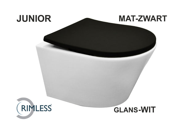 Wiesbaden Vesta Junior wandcloset rimless verkort glans wit Shade slim toiletzitting softclose en quick release mat zwart