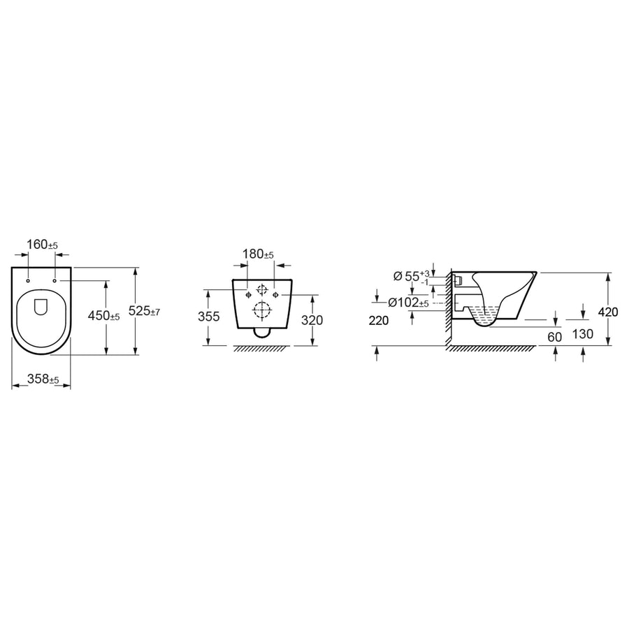 Technische tekening van Vesta randloos wandtoilet Wiesbaden, wandafmetingen en specificaties.